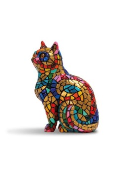 Gato decorativo estilo Gaudí – Figura de resina pintada a mano con trencadís dorado